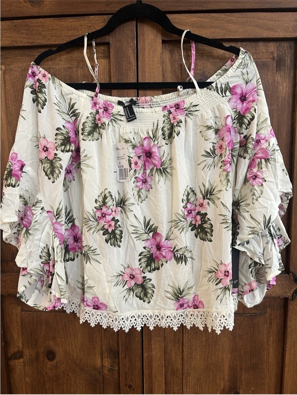 Forever 21 Cream Off-Shoulder Floral Top with Pink Blooms